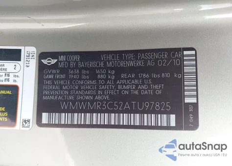 2010 Mini Cooper из США, поврежденный, VIN WMWMR3C52ATU97825